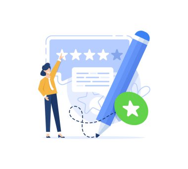 Beş yıldızlı müşteri değerlendirmesi ve konuşma baloncuğu mesajı olan kalem, en iyi not, ürün hakkında yorum yaz. Anket formu