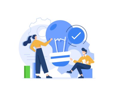 Beyin fırtınası ekibi, ampullü kadın ve erkekler. Önsezi ve beyin fırtınası, fikir. İşbirliği ve işbirliği, ortaklık