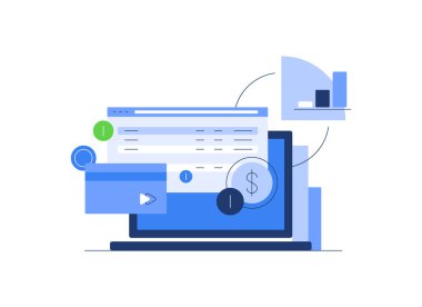 Dijital para, modern ekonomi, finans. Laptop, veritabanı ve sikkeler, Kripto para birimi