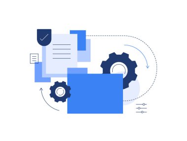 Dizin ve dosyalar, başarılı çalışma, teknolojik süreç, modern düz illüstrasyon