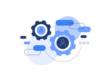 Yapay zeka ve insanlar. Robot figürüne sahip insan figürü birbirine bağlı ve tek bir mekanizma gibi çalışıyor.