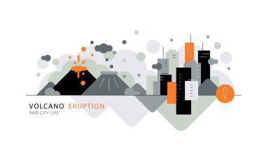 Şehrin yakınlarında volkan patlaması. Volkanlarla kaplı manzara, bilgi elementleri