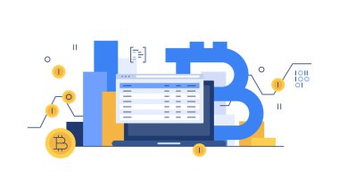 Bitcoin ve şifreli para birimi. Finansal büyüme. Modern düz yatay pankart