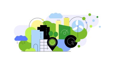 Sürdürülebilirlik ve çevre bilinci. Şehir yeşilleniyor. Düz Çizim