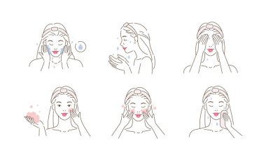 Güzellik kızı yüzüne dikkat et ve cilt bakım ürünleri kullan. Cilt bakımı yapan bir kadın. Yüz temizleme konsepti