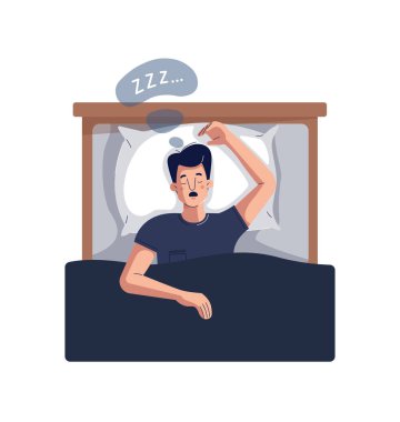 Horluyor, genç adam yatakta uzanıyor, derin uykudayken ağzı açık horluyor. Erkek adam biraz Zzzz yakalıyor. Uyku apnesi, horlama.