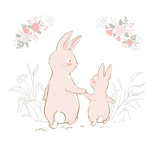 Daddy Bunny Little Bunny Walking Together Rear View Cute Family — Stock Vector
