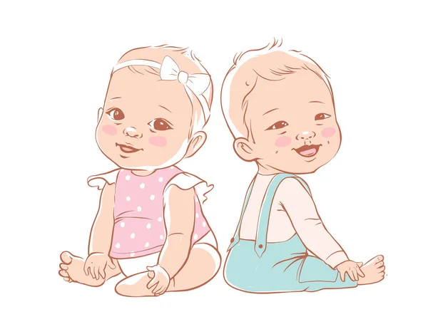 かわいい男の子と女の子が座って笑っています 活動的な赤ちゃん3 12ヶ月で赤ちゃん 最初の年の赤ん坊の開発 兄弟姉妹 白人の民族 パステルカラーのベクトルイラスト — ストックベクタ