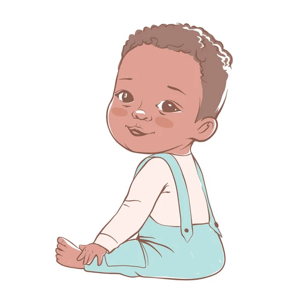 Χαριτωμένο Αγοράκι Που Κάθεται Και Χαμογελάει Ενεργό Σκούρο Δέρμα Μωρού — Διανυσματικό Αρχείο