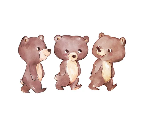 水彩画了三只小熊的行走和说话 熊宝宝的例子 儿童节明信片 泰迪熊快乐步行 — 图库照片