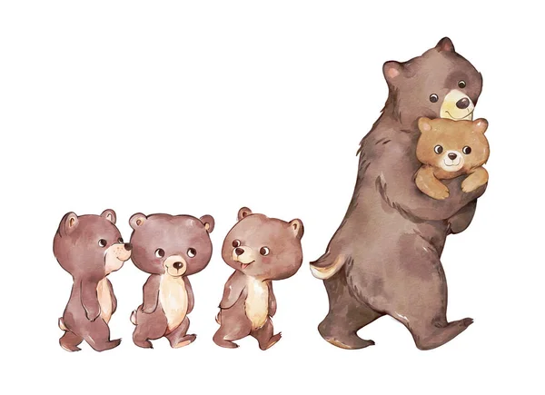 Υδατογραφία Εικονογράφηση Καφέ Μητέρα Αρκούδα Μωρό Κουτάβι Ευχετήρια Κάρτα Για — Φωτογραφία Αρχείου