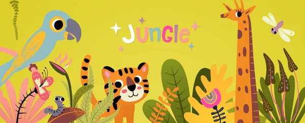 Tekenfilm Jungle Horizontale Banner Met Schattige Leeuw Giraffe Papegaai Wilde — Stockvector