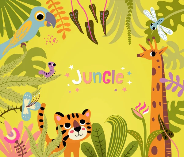 Cartoon Kids Jungle Banner Met Leuke Leeuw Giraffe Papegaai Wilde — Stockvector