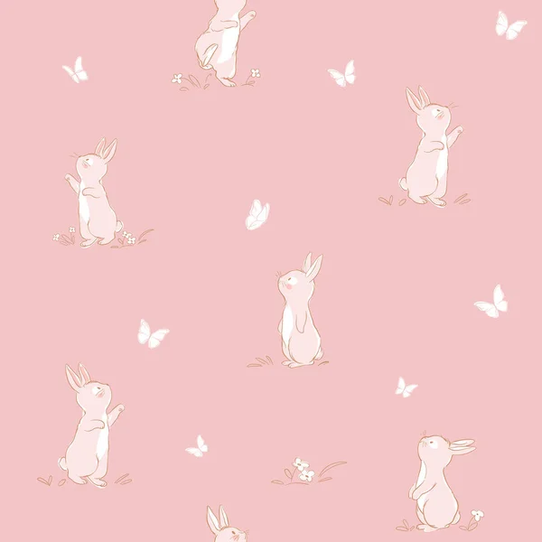 Бесшовный Узор Сладким Кроликом Играющим Бабочками Вектор Печати Дизайна Других — стоковый вектор