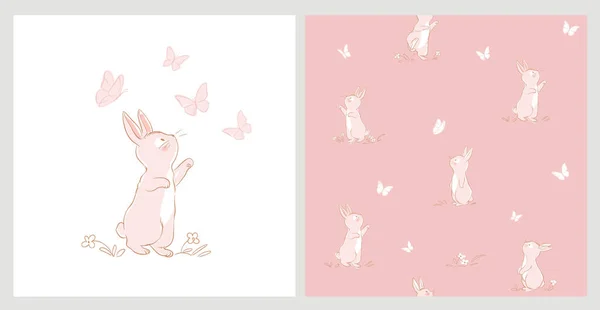 无缝制图案 用可爱的小兔子玩蝴蝶矢量作印花设计和其他用途 可用于T恤衫印花 儿童穿时装设计 婴儿淋浴邀请卡 — 图库矢量图片