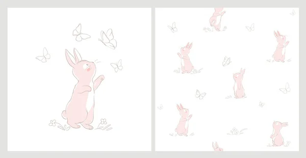 Бесшовный Узор Сладким Кроликом Играющим Бабочками Вектор Печати Дизайна Других — стоковый вектор