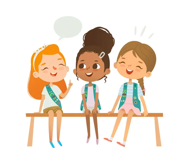 Happy Multiethnic Mixed Age Scout Girls Sitting Bench Chatting Girl — Stock Vector