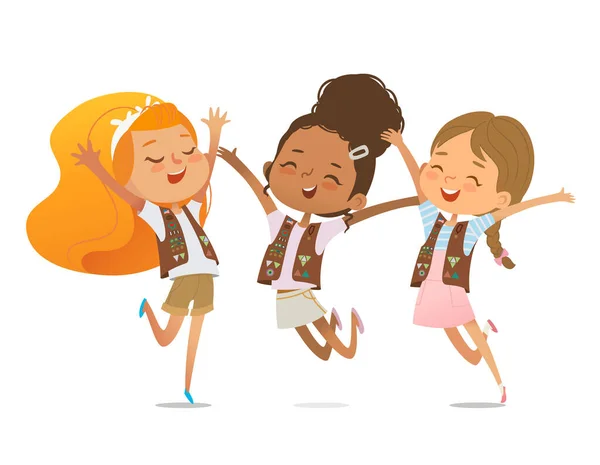 Multi Etnikai Többidős Lányok Cserkész Boldogan Ugrás Brownie Ligue Lányok — Stock Vector