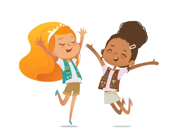 Мульти Этнических Многовозрастных Девочек Скаут Счастливо Прыгать Брауни Девочки Младшей — стоковый вектор