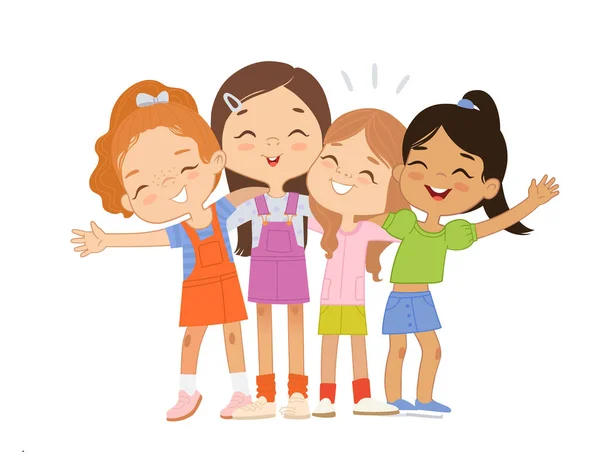 快乐的多种族多年龄女孩拥抱 女孩们快乐地拥抱和微笑 女学生在一起最佳朋友女孩自拍 — 图库矢量图片
