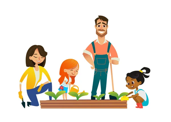 Γονείς Και Παιδιά Ασχολούνται Την Κηπουρική Στην Πίσω Αυλή Κορίτσι — Διανυσματικό Αρχείο