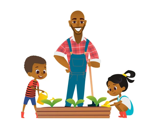 美国黑人男孩 女孩和父亲在后院从事园艺活动 孩子们在花园里浇灌和种花 生态概念 有机园艺 矢量说明 — 图库矢量图片