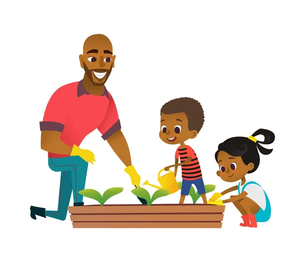 Fekete Amerikai Fiú Lány Apa Kertészkednek Kertben Iskolások Növényeket Virágokat — Stock Vector