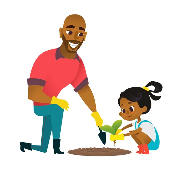 父亲和女儿在后院种花 孩子们在花园里浇灌和种花 生态概念 有机园艺 矢量说明 — 图库矢量图片