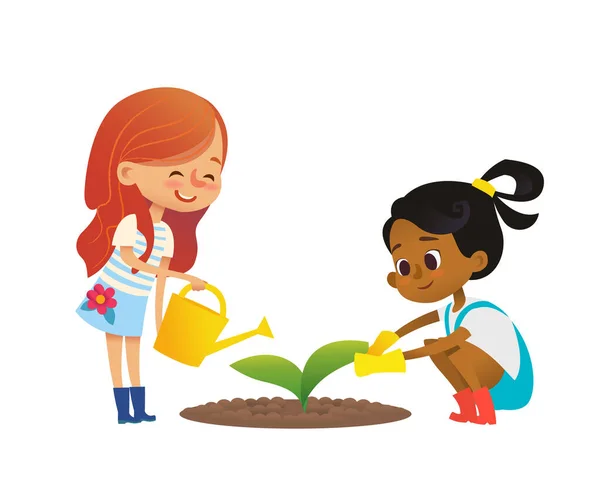 Dwie Uczennice Zajmujące Się Ogrodnictwem Podwórku Dziewczyny Podlewanie Sadzenie Roślin — Wektor stockowy