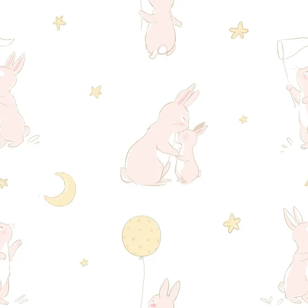 Бесшовный Узор Милым Кроликом Мамой Пастельных Тонах Младенец Раббир Узор — стоковый вектор