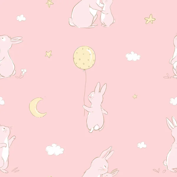 没有缝隙的图案 有可爱的兔子和妈妈 有着柔和的色彩 兔宝宝图案的月亮和星星在背景 可用于T恤衫印刷 儿童服装设计 婴儿淋浴邀请卡 — 图库矢量图片