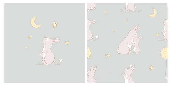 没有缝隙的图案 有可爱的兔子和妈妈 有着柔和的色彩 兔宝宝图案的月亮和星星在背景 可用于T恤衫印刷 儿童服装设计 婴儿淋浴邀请卡 — 图库矢量图片