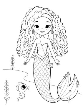 Cute mermaid girl and sea stars outline illustration for coloring book. Vector outline clipart