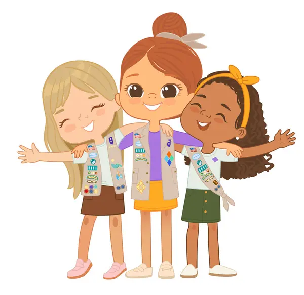 Happy Multi Ethnic Multi Aged Girls Scout Hug Girls Scout — Archivo Imágenes Vectoriales