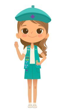 Young smiling girl scout wearing vest with badges isolated on white background. Female scouter, Junior ligue Scout Girls troop clipart