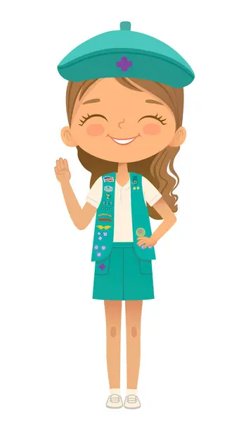 stock vector Young smiling girl scout wearing vest with badges isolated on white background. Female scouter, Junior ligue Scout Girls troop