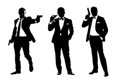 Silhouettes of elegant men in suits and with a bow tie with a gun in their hand on a white background. Bond themed illustration of a shooting man clipart