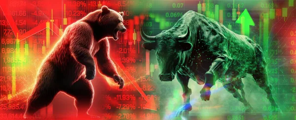 Bull Market vs Bear Market candlestick stock graph market closeup screen trade global Investment technology bankruptcy recession banking statistics