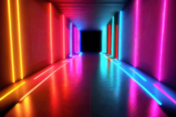 Futuristic neon lights hallway tunnel abstract background. vibrant colors. technology concept. 3d rendering.