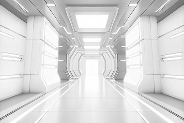 Modern bina beyaz koridor teknolojisi arka plan için boş beyaz bilimkurgu modern fütüristik koridor, 3D illüstrasyon.