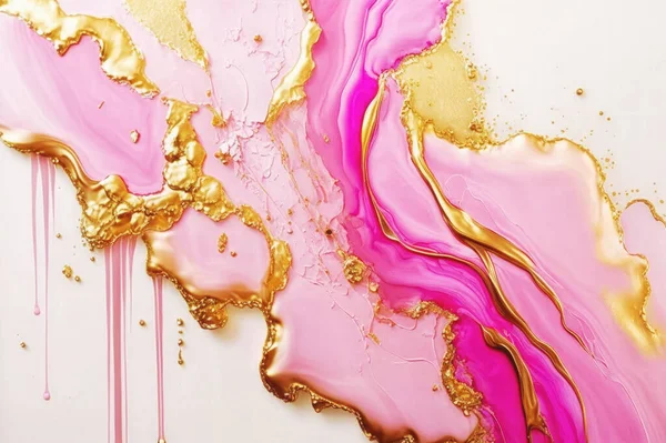 Abstract pink gold alcohol ink background, hand painted liquid ink gold splashes effect for background