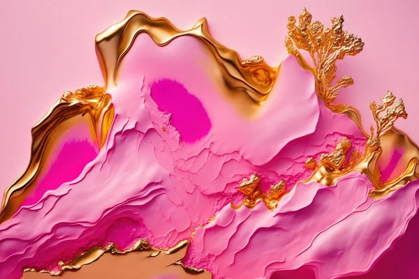 Abstract pink gold fluid background, hand painted liquid ink gold splashes effect.