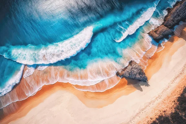 sea ocean waves reaching shore.Beach with aerial drone. Beach clear turquoise top view. Beautiful beach ,aerial drone beautiful beach summer