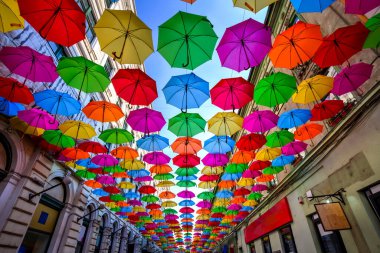 Romanya 'nın Timisoara kentinin eski sokaklarında asılı renkli şemsiyeler. Fotoğraf 21 Nisan 2019 'da çekildi..