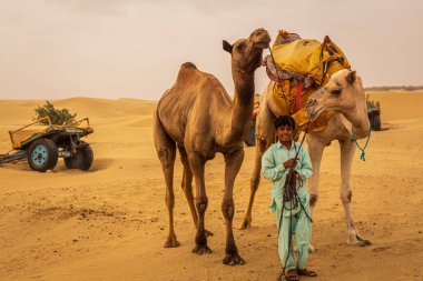 Genç Rajasthani portresi ve develeri. Fotoğraf 12 Ağustos 2018 'de Jaisalmer yakınlarında çekildi, Thar Çölü, Rajasthan ilçesi, Hindistan.