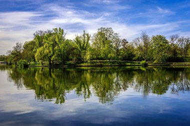 Herastrau Parkı ve ada suda aynalanmış. Fotoğraf 5 Nisan 2024 'te Romanya' nın Bükreş kentinde çekildi.