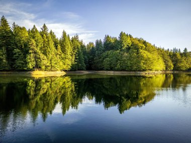 Buhui Gölü 'nün üzerindeki sonbahar öncesi doğa aynası. Fotoğraf 28 Eylül 2024 'te Romanya' nın Caras-Severin ilçesi Anina kenti yakınlarındaki Buhui Gölü 'nde çekildi..
