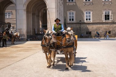 SALZBURG, AUSTRIA - 21 Haziran 2022: faytonda koşumlu iki at sürüyor