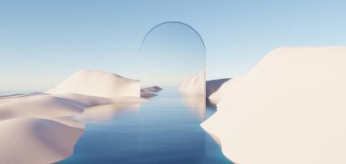 Abstract Dune cliff sand with metallic Arches and clean blue cloud sky. Surreal minimal Desert natural landscape background. Scene of Desert with glossy metallic arches geometric design. 3D Render.