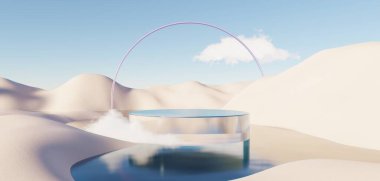 Abstract Dune cliff sand with metallic Podium stand platform. Surreal Desert natural landscape background. Scene of Desert with glossy metallic arches geometric design. 3D Render.